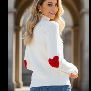 Chicwish White Turtleneck Sweater with Red Heart Accents